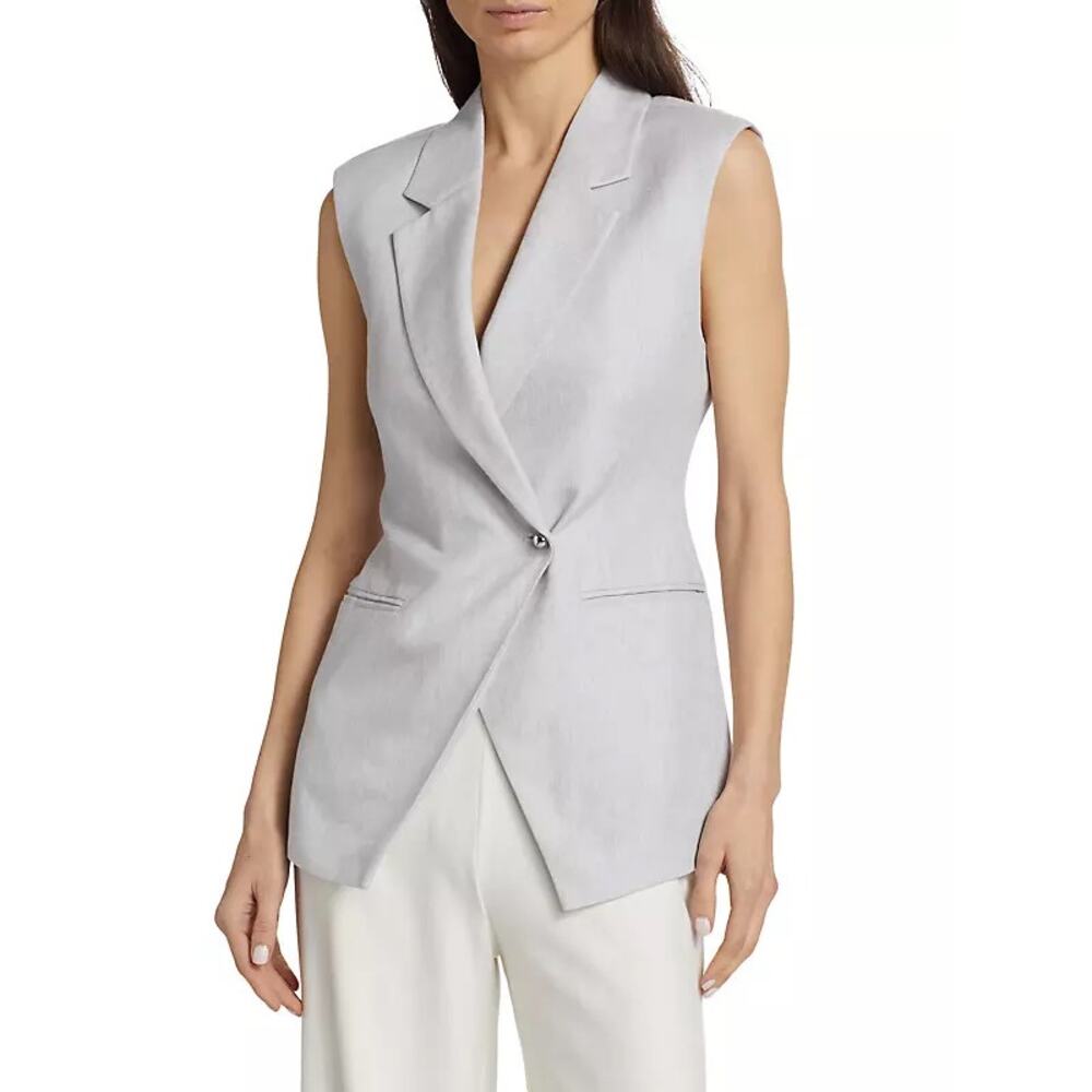 Derek Lam 10 Crosby Taylor Vest One-Button Gray Linen Collared Sleeveless Sz 6